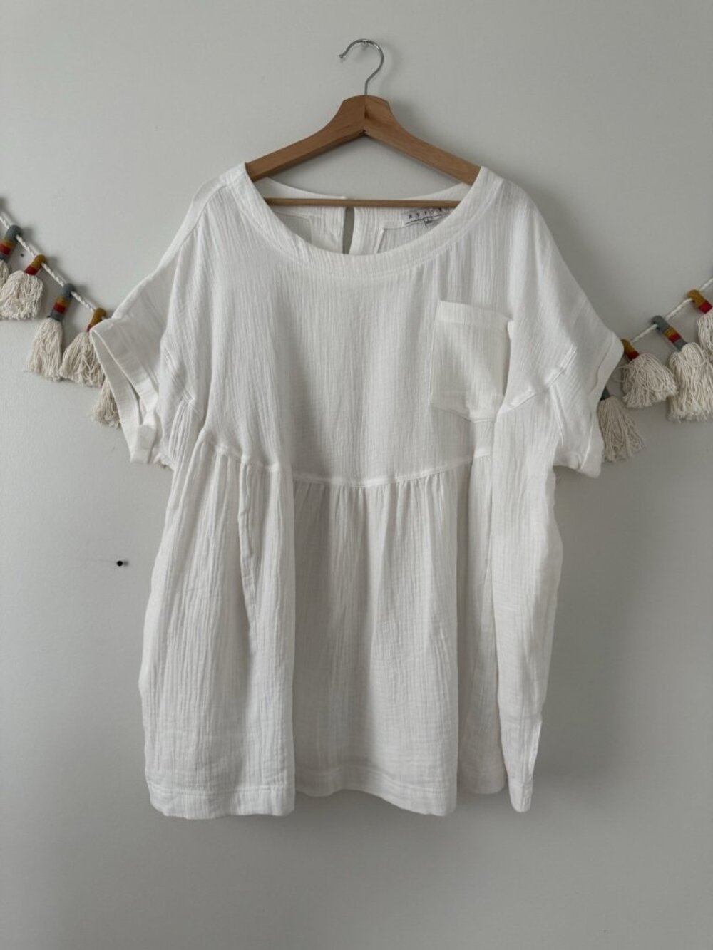 HYFVE 100% Cotton Gauze White Babydoll Tunic Top Flowy Beach Coquette Whimsy L